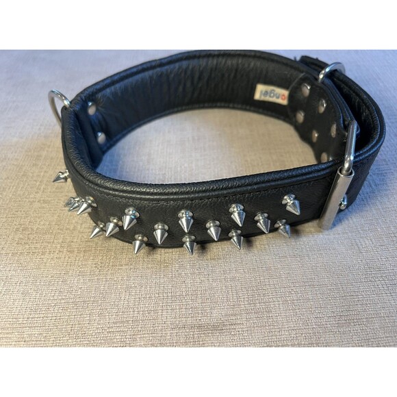 Angel Genuine Leather Spiked Studded Dog Collar Wide Padded Black Heavy Duty - Picture 3 of 10